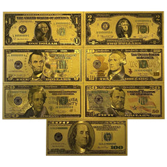 Juego de 7 billetes de EE. UU. en lámina tipo oro